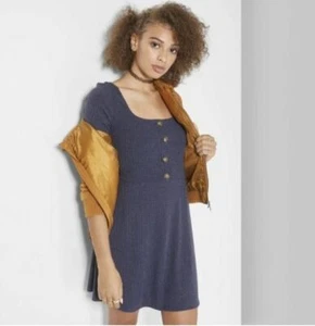 Women's Long Sleeve Button Front Knit Dress - Wild Fable - Navy - XS - B123 - Picture 1 of 2