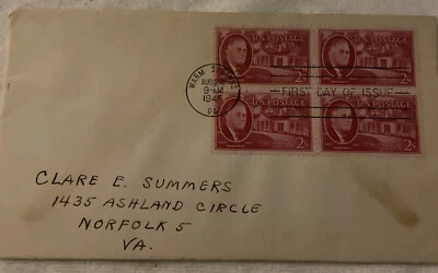 Roosevelt FDC (Aug 24, 1945) Warm Springs, GA (4-2 Cent Stamps) - Image 1 of 4