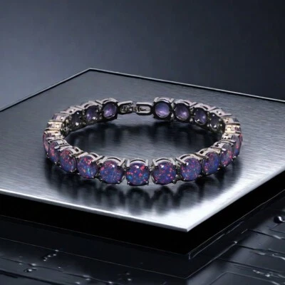 Hawaii Black 8mm Opal Round Bracelet 925 Sterling Sliver Jewelry For Women Girls - Image 1 of 4