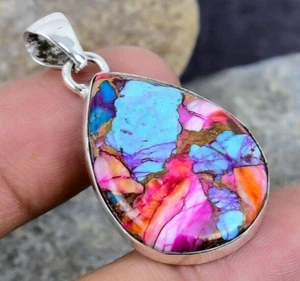 Pink Dahlia Turquoise Spiny Oyster Gemstone 925 Sterling Silver Handmade Pendant - Picture 1 of 3
