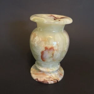 Vintage Polished Onyx 5" Vase Cream Green Brown Marbled - Picture 1 of 9