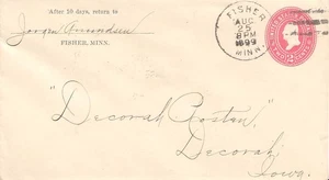 Sobre de papelería postal asesino de tres bares Minnesota Fisher 1899. - Imagen 1 de 1