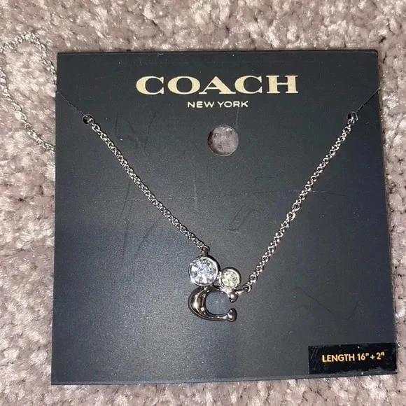 Coach Womens C9447 Silver Signature Crystal Cluster Pendant Chain Necklace