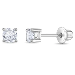 925 Sterling Silver 3mm CZ Round Screw Back Earrings for Infants &Toddlers - Picture 1 of 18