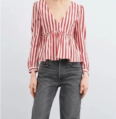 Top Zara Peplum Rojo Y Blanco Rayas Volantes LS Talla Mediana Foto 1 de 4