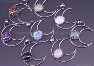Natural Gemstone Crescen Moon Reiki Chakra Healing Pendant Beads Tibetan Silver  - Picture 1 of 18