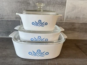 Vintage CorningWare Blue Corn Flowers Casserole with lid set of 3 (6pcs) - Picture 1 of 8