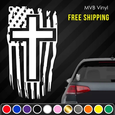 Distressed Tattered American Flag Cross Vinyl Decal Sticker Ripped Jesus God 761 - Image 1 of 3