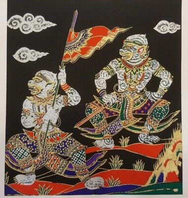 Hanuman Soldier Figure Black Thai Silk Painting Ramayana Poster Print Home Decor - Image 1 of 4