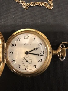Swiss Arnex 12 Karat New17 Jewels Incabloc Plus Gold Chain Pocket Watch Unitas - Picture 1 of 13