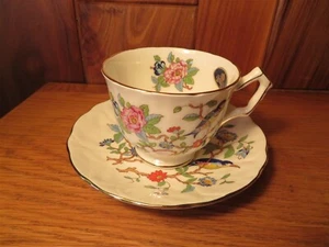VINT ENGLISH AYNSLEY PORCELAIN CUP/SAUCER SET - BIRD IN PEONY FLORAL W GOLD - Picture 1 of 6