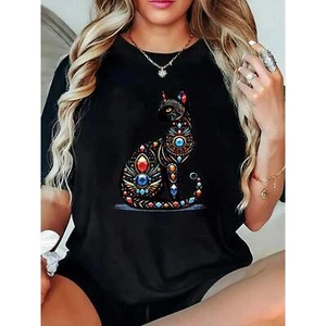 Women's Casual T-Shirt with Colorful Print,Crew Neck Short Sleeve Top - Picture 1 of 12