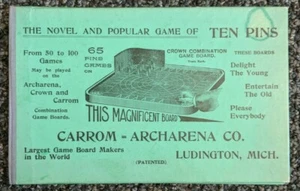 Antique Carrom Archarena 1908 Ten Pin board Game Instructions Ludington MI - Picture 1 of 5