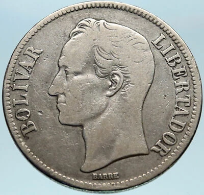 Moneda de plata 5 B 1926 del presidente masón Simón Bolívar fundador de Venezuela i82798 Foto 1 de 3