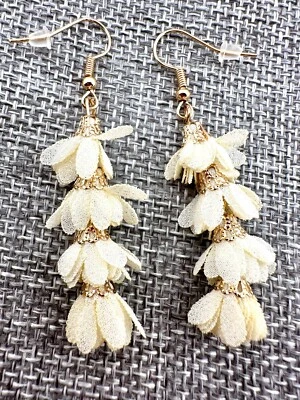 Delicate Ivory & Gold Fabric Chandelier Earrings - Image 1 of 3