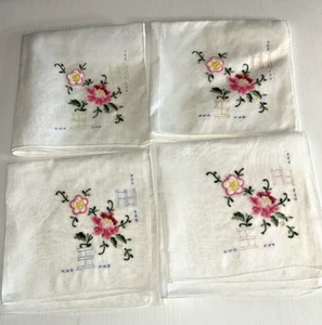 Vintage 60's Ladies White Cotton Handkerchiefs Embroidered Floral Print Set of 4 - Picture 1 of 5