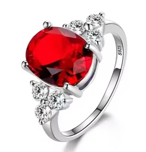 Genuine Sterling Silver Solitaire Garnet Crystal Gemstone Wedding Band Ring Sz 6 - Picture 1 of 19