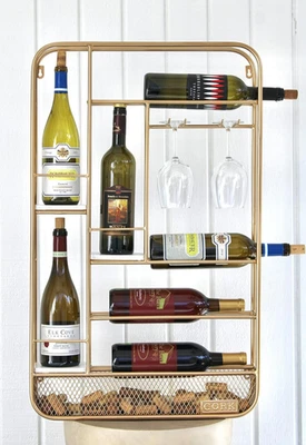 Gold Wall Mounted Hanging Bottle Cork Glass Wine Rack Cabinet Shelf - Image 1 of 4