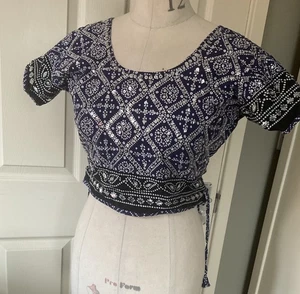 Vintage Blue Black Silver Sequin Mirror Sparkle Sari Blouse Crop Top 8-12 - Picture 1 of 16