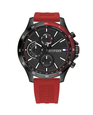 Tommy Hilfiger 1791722 Men's Black Case Red Silicone Band Black Dial Watch 46mm - Image 1 of 4