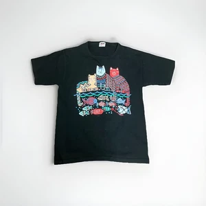 Camisa Gato Vintage Mediana Negra Yunque Puntada Única Gatos Peces Puntada Única Años 90 - Imagen 1 de 9