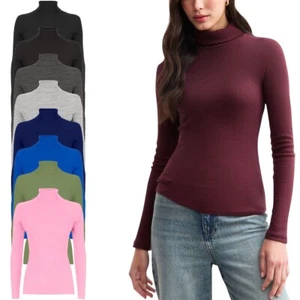 Ladies Women Long Sleeve Ribbed Roll Neck Long Sleeve Ribbed Plain Casual Top - Picture 1 of 20