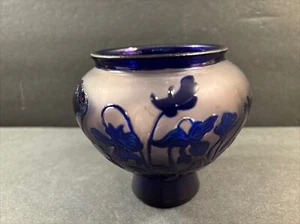 Antique Cameo Glass Vase/Flowers/ High Relief/Signed/Degué/France C.1925/Blue - Picture 1 of 13