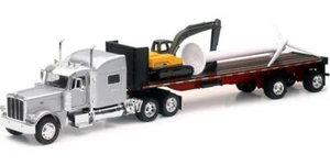 Peterbilt 389 Truck Silver w/ Flatbed Trailer, Excavator and Wind Turbine 1/32 - Picture 1 of 4
