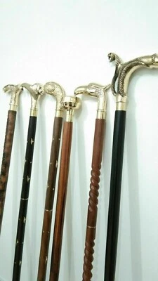 Vintage Designer Head Brass Handle walking Stick wooden Cane Lot Of 6 Pieces - Image 1 of 4