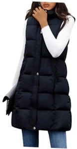 Long Puffer Vest Women Hooded Warm Padded Winter Coats Sleeveless Large Black - Picture 1 of 6