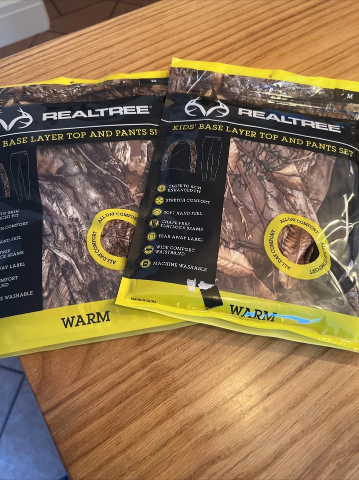 2 Pkgs RealTree Kids Base Layer Tops and Pants Sets / Size M Camo and Black