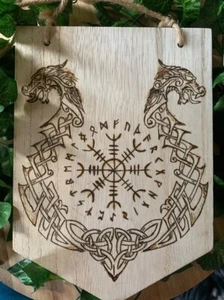 Wood Helm of awe dragon, Hand Carved & Engraved Elder futhark runes viking - Picture 1 of 4