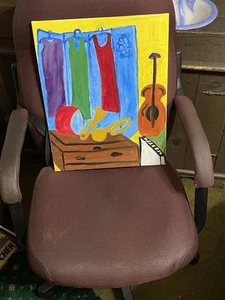 Original Abstract Painting On Canvas Hanging Garments Musical Instruments - Picture 1 of 7