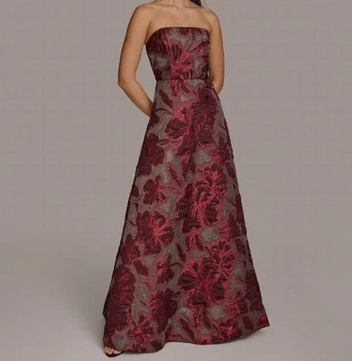 Donna Karan New York Women's Red Floral Jacquard Strapless Gown Dress Sz 12 - Image 1 of 4