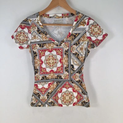 Guess Camiseta Mujer XS Blanco Barroco Manga Corta Cuello en V Algodón 120284 Foto 1 de 4