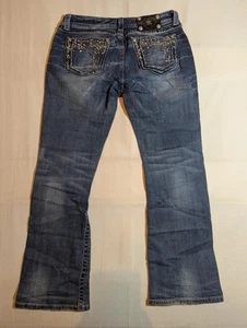 Miss Me Jeans Women's 29 Easy Bootcut Sequin Studs Whiskered Cowgirl Denim Blue - Picture 1 of 11