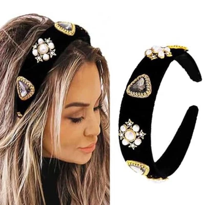 Diademas barrocas negras pedrería perla diadema ancha terciopelo con joyas para cabello acce Foto 1 de 4