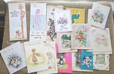 19 tarjetas de felicitación mixtas vintage 1950-70 Holly Hobby, pastel corto de fresa... Foto 1 de 4