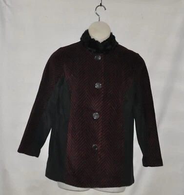 Abrigo Bob Mackie Bloque de Color Espiga con Cuello de Piel Sintética Talla S Borgoña/Negro Foto 1 de 2