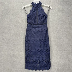 Bardot Dress Womens 4 XS Blue Sheath Midi Floral Lace back zipped - Picture 1 of 18