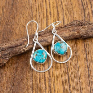 Blue Copper Turquoise Gemstone 925 Sterling Silver Earrings Jewelry Gift Her - Picture 1 of 3