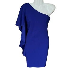 Calvin Klein Womens One Shoulder Cascading Sleeve Sheath Dress Size 2 Blue Party - Picture 1 of 8