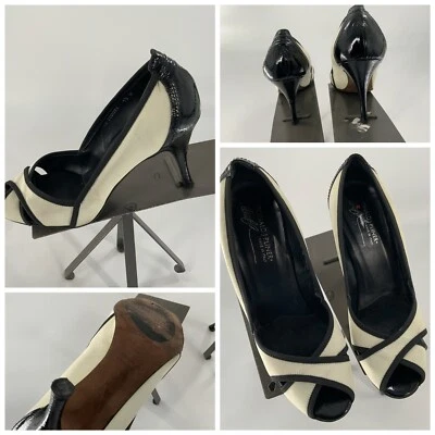 Donald J Pliner Heels Stiletto Sz 10 Ivory Leather Black 4” Italy YGI A2S-46 - Image 1 of 4