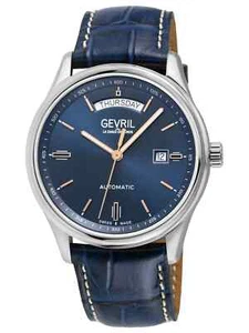 Gevril 48202 Men's Excelsior Swiss Automatic Sellita SW 240 Blue Leather Watch - Picture 1 of 10