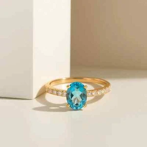 925 Sterling Silver Swiss Blue Topaz Ring, Pave Band Solitaire Ring Gift For Her - Picture 1 of 7