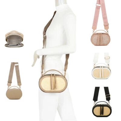 Boutique Woven Straw Front Small Woman faux leather Tote Crossbody shoulder bag - Image 1 of 4