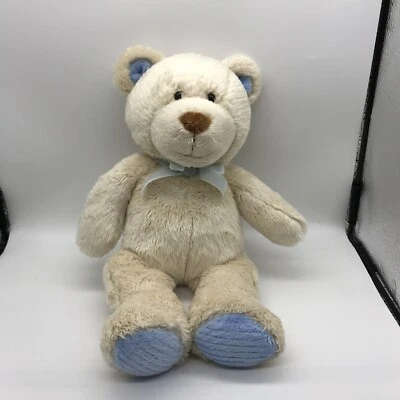 "Oso de peluche Carter's crema felpa azul terciopelo lazo azul en orejas sobre pies 12"" difícil de encontrar" Foto 1 de 4