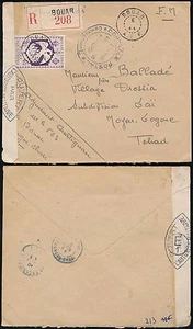 FRENCH AFRICA 1944 BOUAR AEF REGISTERED LIBRE 4F SOLO CENSORED to TCHAD - Picture 1 of 1
