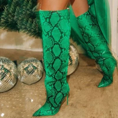 Botas hasta la rodilla estilo americano con tacón de aguja alto punta para mujer talla Foto 1 de 4