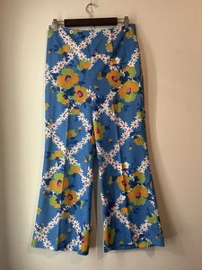 Vintage 70s Glen Of Michigan Bright Floral Bell Bottom Pants Pleated Medium - Picture 1 of 6